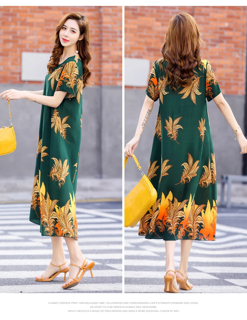 New Fashion 2024 Summer Dress For Long Vintage Loose Women Elegant Short Sleeve Casual O-neck Dresses Print Woman Clothing