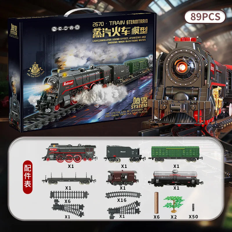 Retro Steam Train Track Suit Simulation Electric Spray Light Small Train Model Boy Gift Train Toy