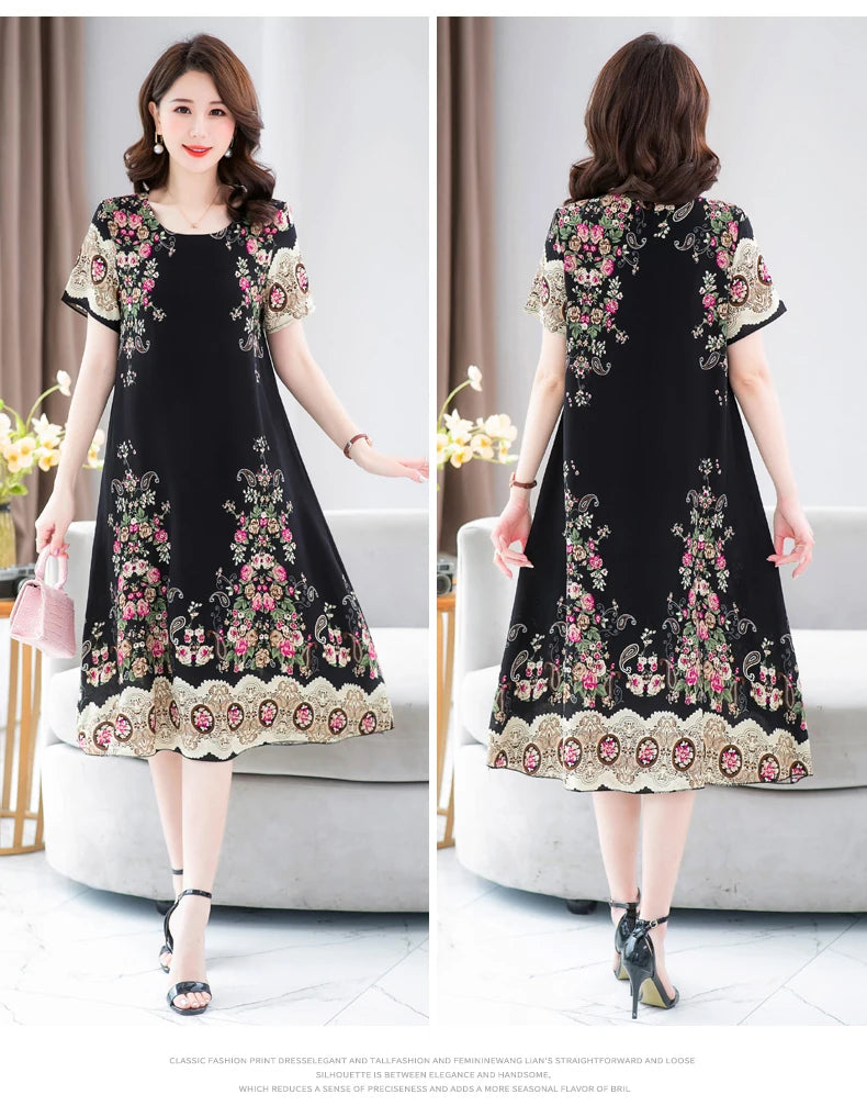 New Fashion 2024 Summer Dress For Long Vintage Loose Women Elegant Short Sleeve Casual O-neck Dresses Print Woman Clothing