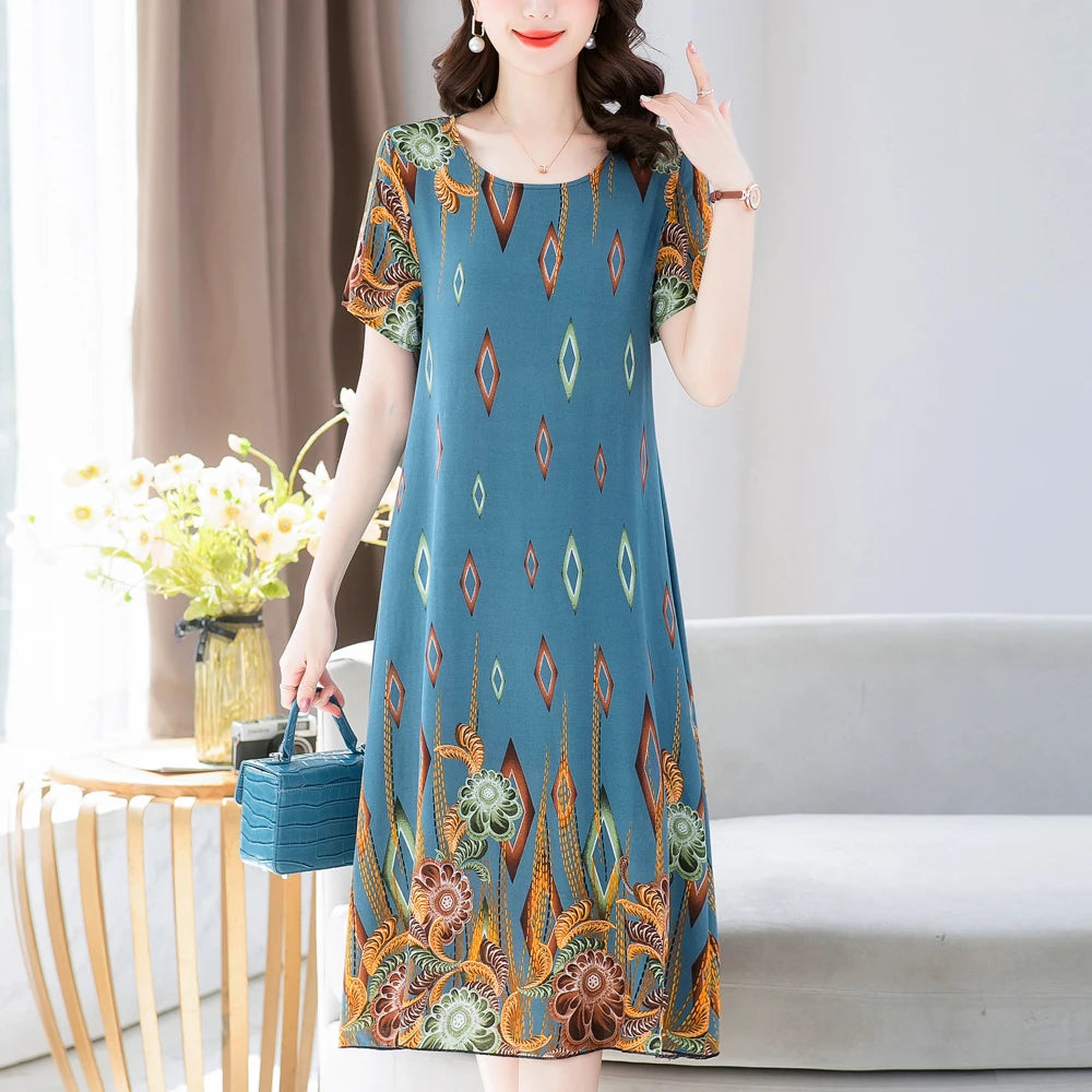 New Fashion 2024 Summer Dress For Long Vintage Loose Women Elegant Short Sleeve Casual O-neck Dresses Print Woman Clothing