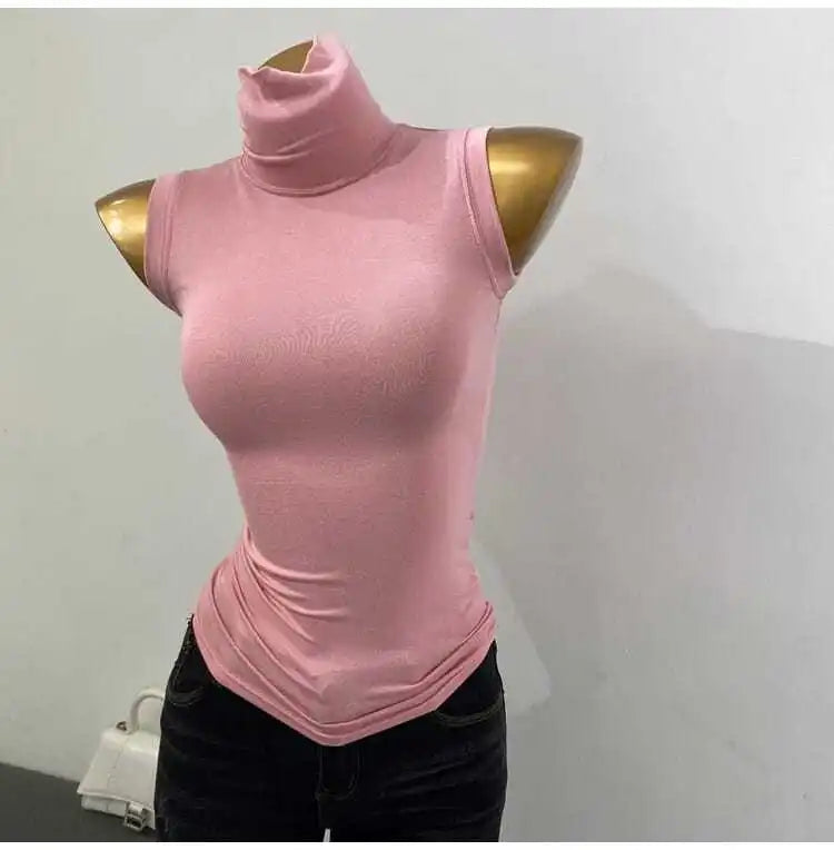 Wholesale New Base Slim T Shirts Women New Summer Crop Top Turtleneck High Strecth Sleeveless Basic Simple Skinny Solid T Shirt