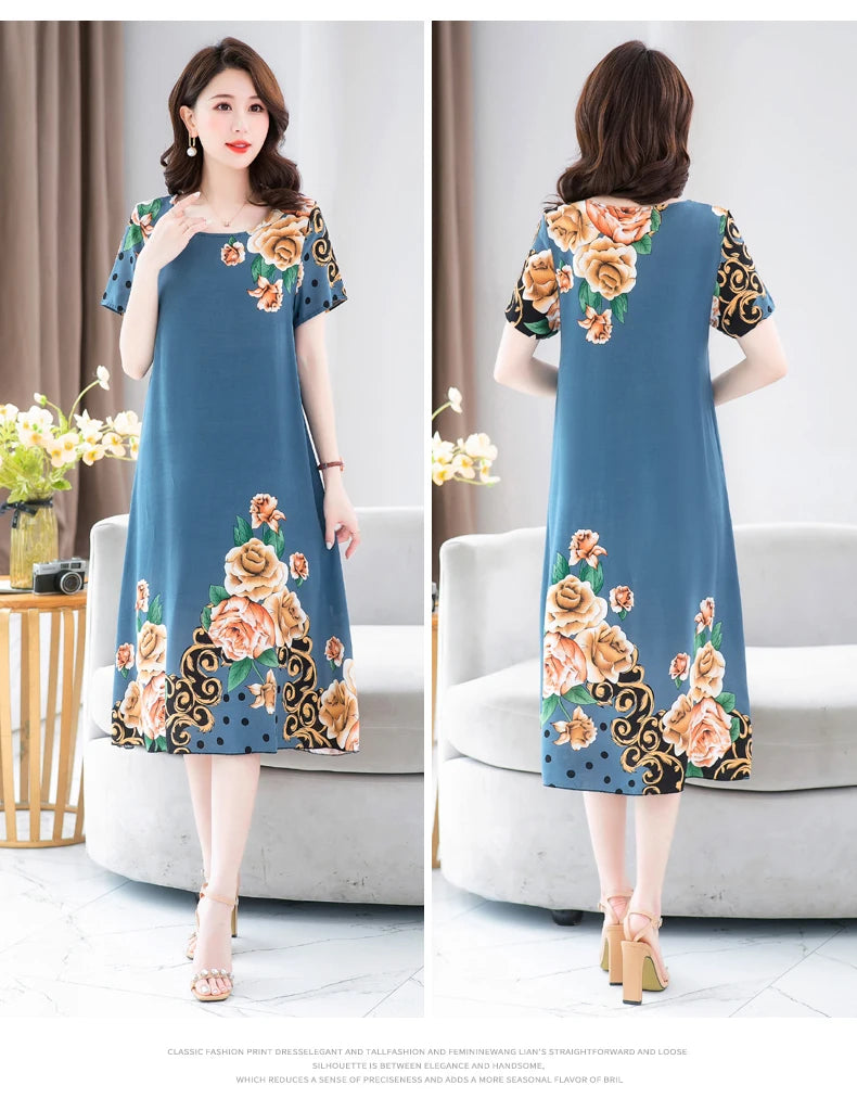 New Fashion 2024 Summer Dress For Long Vintage Loose Women Elegant Short Sleeve Casual O-neck Dresses Print Woman Clothing