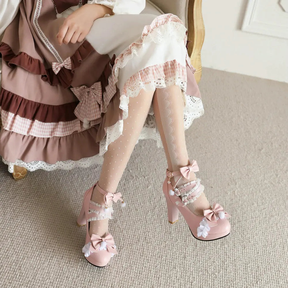 Pink Plush Ball Lace Bow High Heels, Purple Cute Girly Platforms Vintage Style Aesthetic Shoes Sissy ABDL Princess Cosplay Pumps