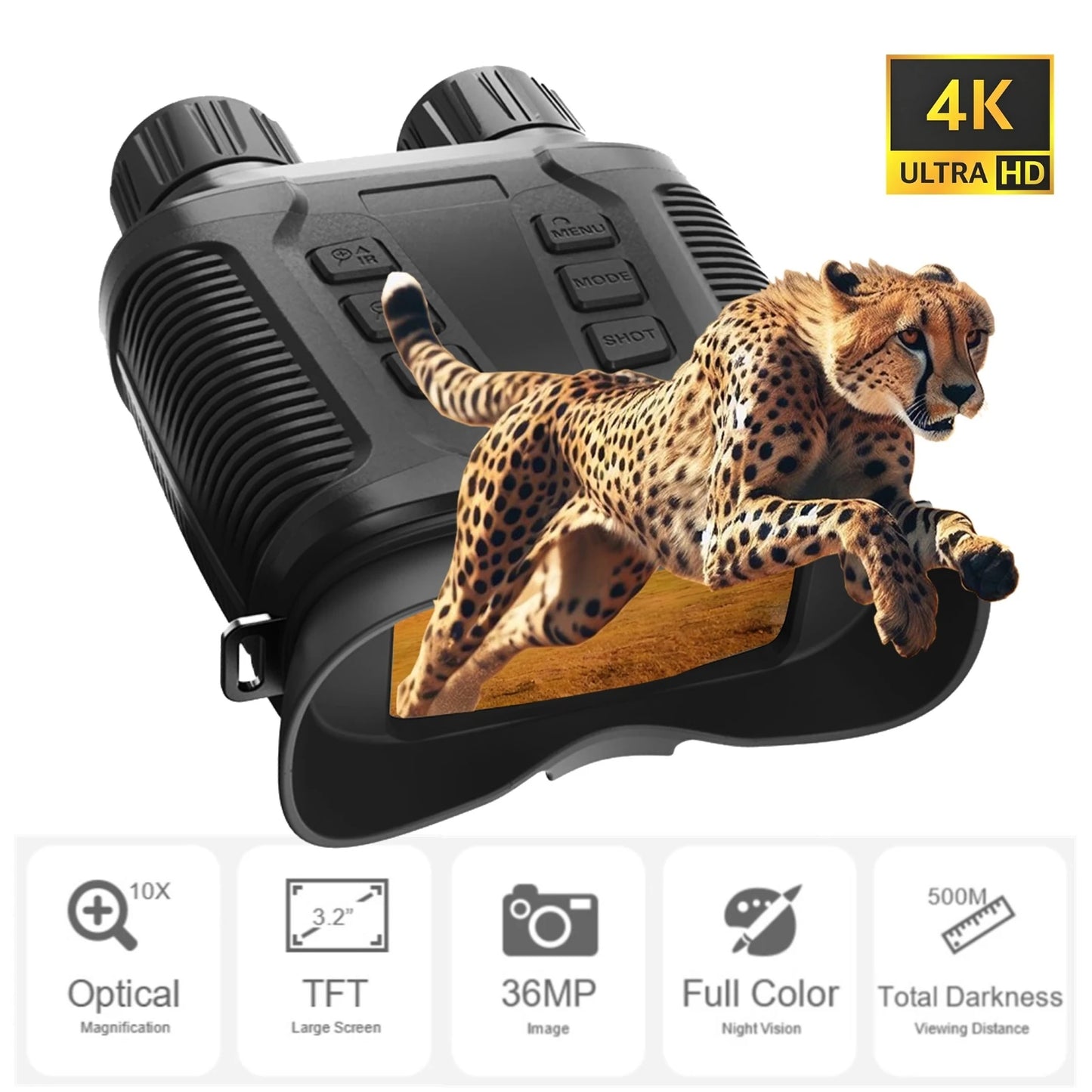 NV3280 Night Vision full Color 36MP Telescope Trail camera 10X Optical 8X Zoom 500M Infrared Digital binoculars for Hunting