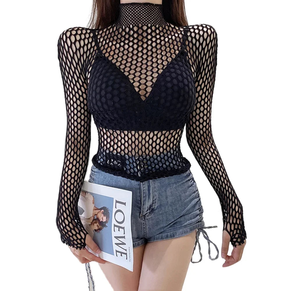 Gothic Sexy Black Fishnet Mesh See Through T-Shirt Women Skinny Goth Hollow Out Long Sleeve Shirts Crop Top Tee Shirt Streetwear