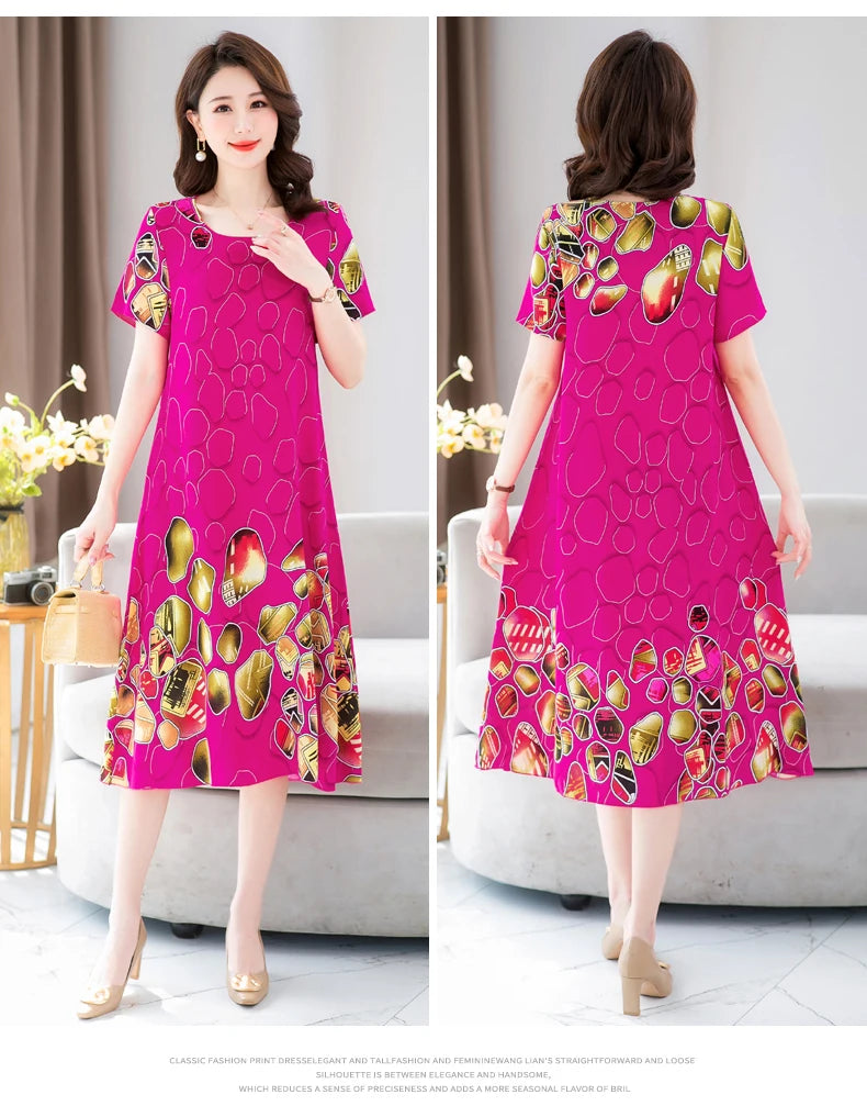 New Fashion 2024 Summer Dress For Long Vintage Loose Women Elegant Short Sleeve Casual O-neck Dresses Print Woman Clothing