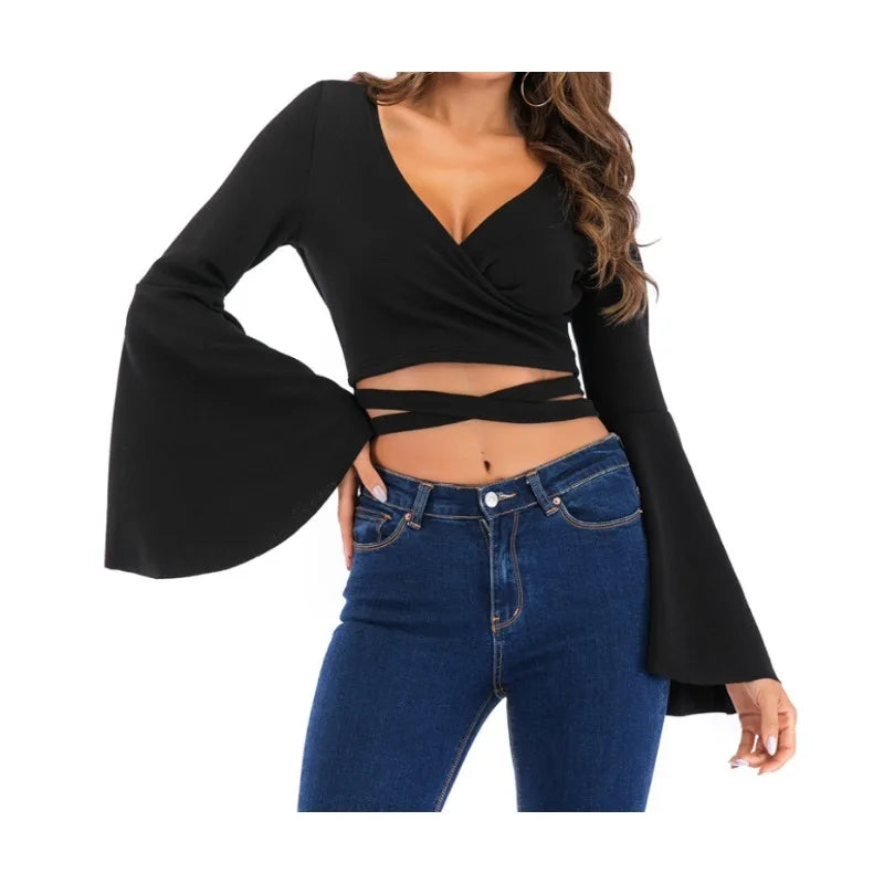 Chic Sexy Flare Long Sleeve T shirt Elegant Criss-cross Bandage Crop Top V Neck Vintage Fashion Tees Female Spring Summer Shirt