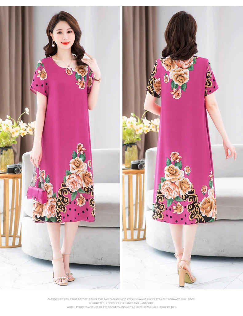 New Fashion 2024 Summer Dress For Long Vintage Loose Women Elegant Short Sleeve Casual O-neck Dresses Print Woman Clothing