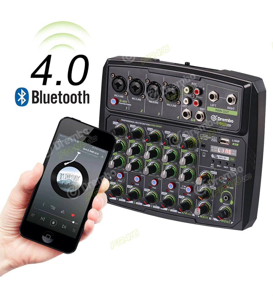 Debra 4/6 Channel Mixer Audio Mixer, DJ Console Mixer with Bluetooth 48V Phantom Power Delay Replay Effects for Bar Gigs