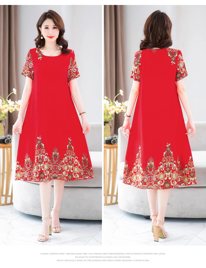 New Fashion 2024 Summer Dress For Long Vintage Loose Women Elegant Short Sleeve Casual O-neck Dresses Print Woman Clothing