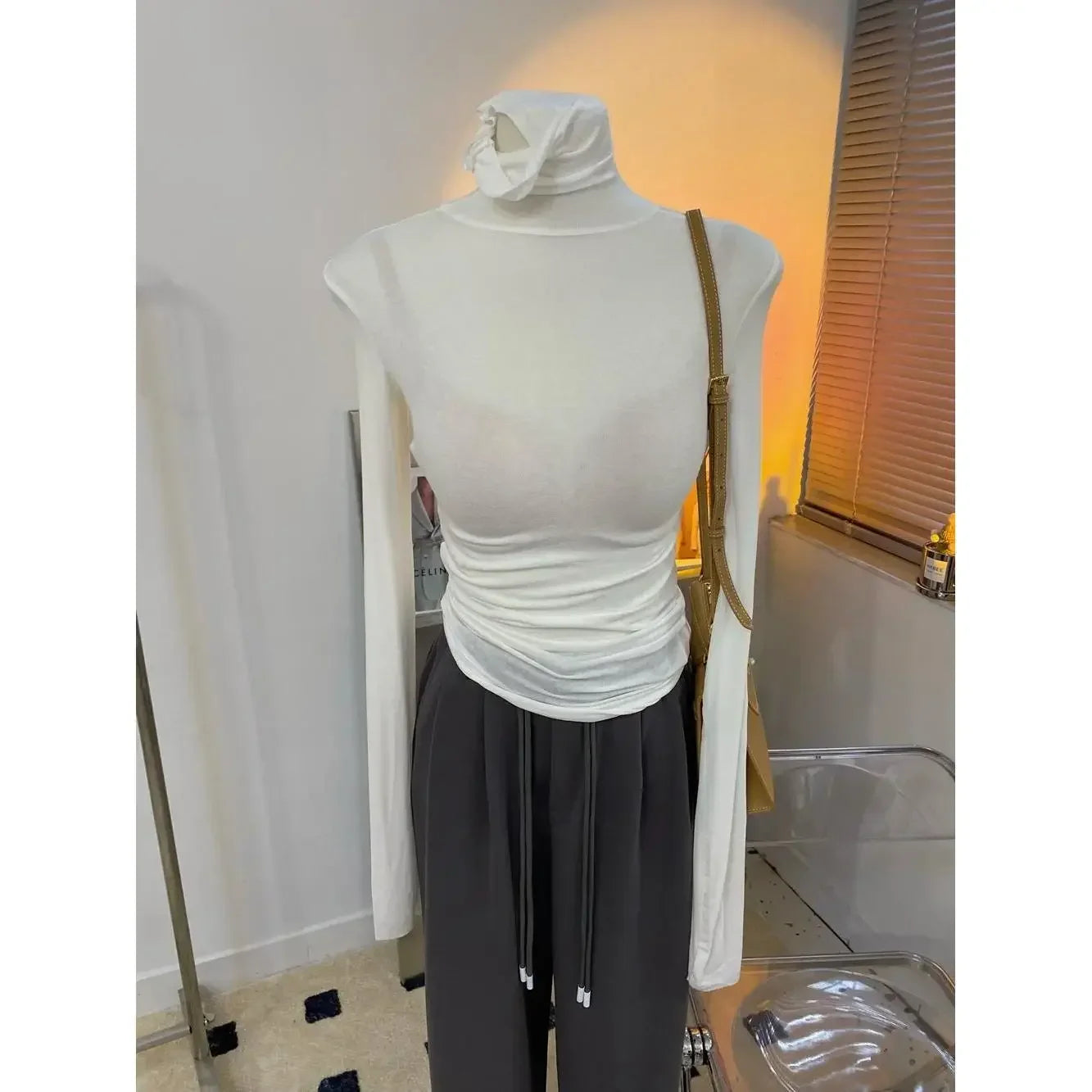 Wholesale High Strecth Thin Top Basic Slim Microtransparent T Shirts Turtleneck Long Sleeve Solid Women Pile Collar T Shirt