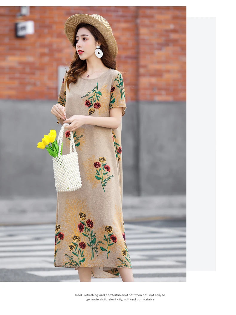 New Fashion 2024 Summer Dress For Long Vintage Loose Women Elegant Short Sleeve Casual O-neck Dresses Print Woman Clothing