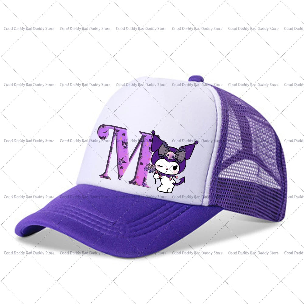 Kuromi A-Z Letter Printed Baseball Caps Adult Kids Purple Hats Summer Casquette Sanrio Y2K Graphic Beanies Kawaii Accessories