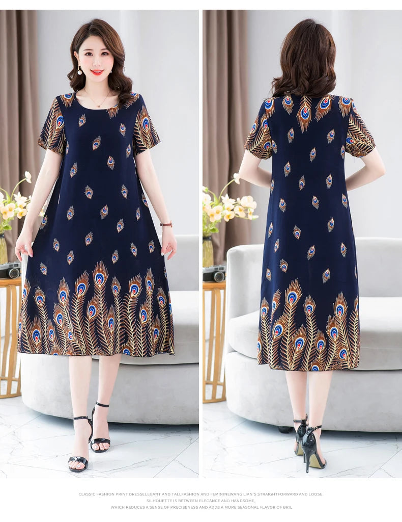 New Fashion 2024 Summer Dress For Long Vintage Loose Women Elegant Short Sleeve Casual O-neck Dresses Print Woman Clothing