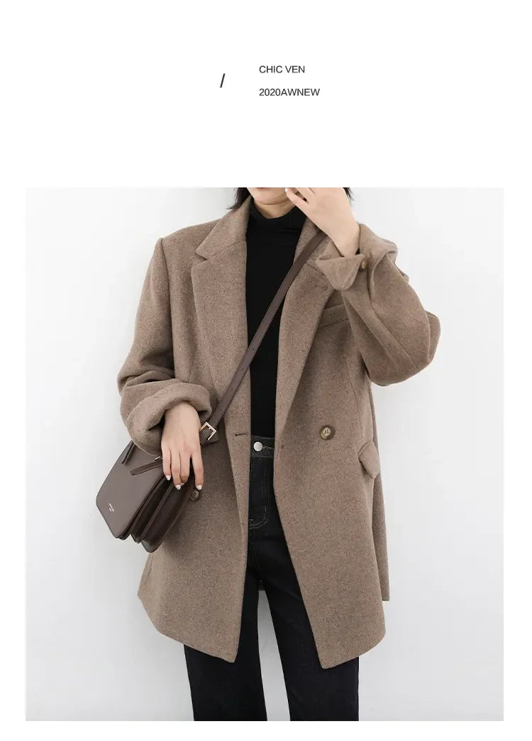 CHIC VEN Autumn Winter Women Coats Wool Blend All-match Mid-length Blazer Women's Woolen Overcoat Female Fashion Clothing 2023