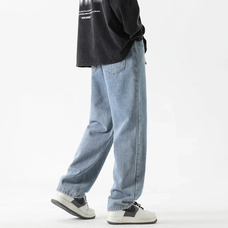 Korean Fashion Men's Baggy Jeans Classic Casual Long Denim Straight Loose Wide Leg Solid Color Pants Light Blue Grey Black