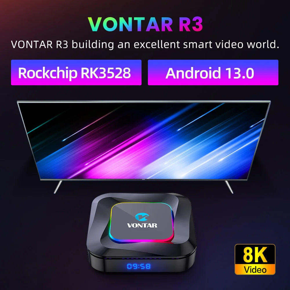 VONTAR R3 RGB Light Android 13 TV Box RK3528 Set Top Box 4K Media Player Android 13.0 TVBOX QuadCore 8K Video HDR10+ BT5.0 Wifi6