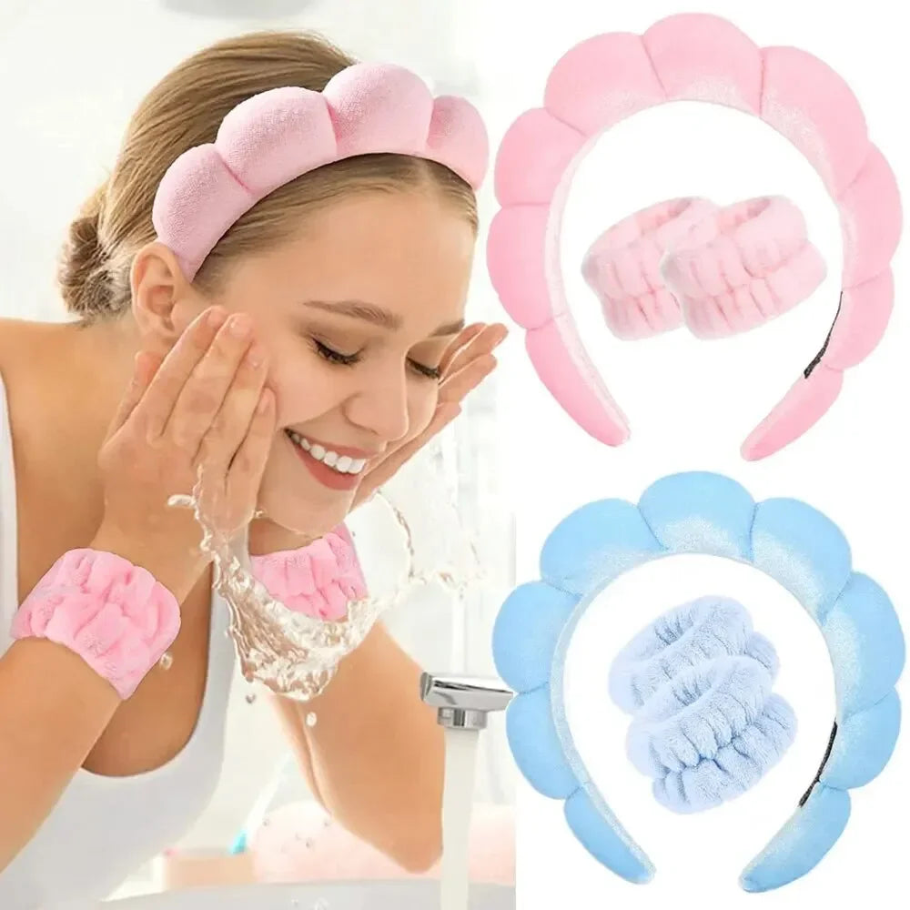 4PCS Wash Face Headbands For Women Puffy Sponge Hair Bands Cuff Waterproof Bands Absorbent Wristbands Women Hair Accessories Set