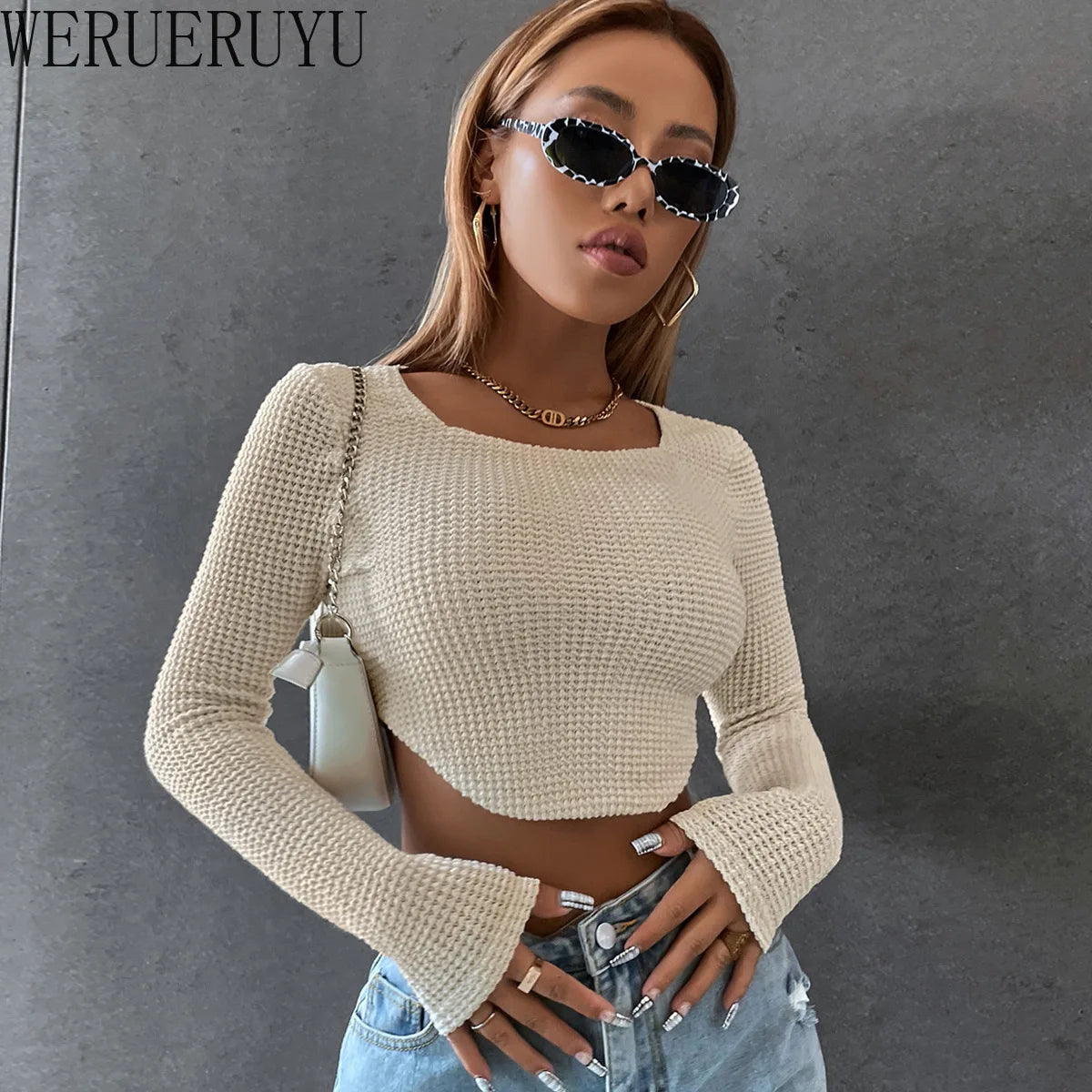 Sexy Long Sleeve Stitch T Shirt Women Streetwear Y2k Clothes Knit Crop Top Korean Fashion Spring Autumn Short Skinny Tshirt 2022