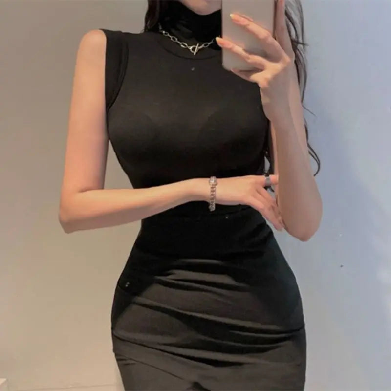 Sexy Turtleneck Sleeveless T Shirts Female Vintage Women Clothing 2023 Summer New Slim Tee Shirt Femme Fashion Korean Y2K Tops