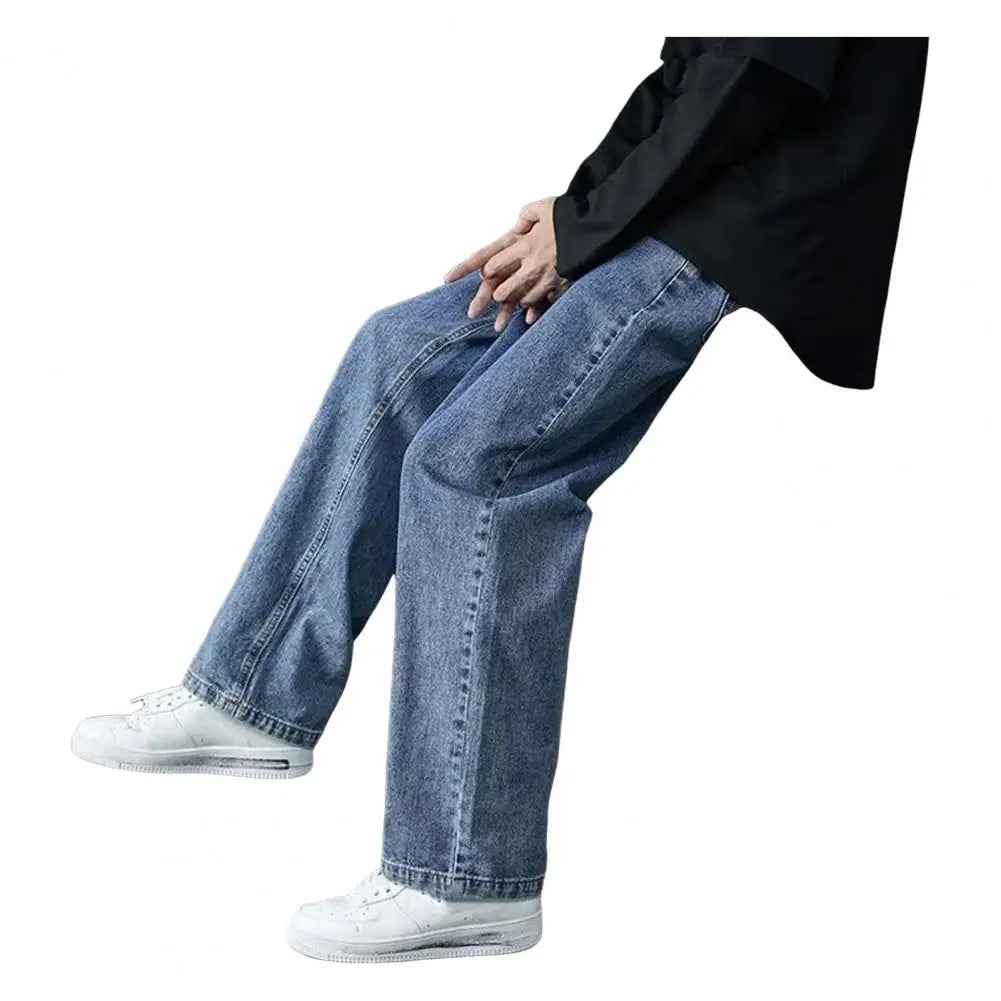 Retro Men Jeans Wide Leg Pants Baggy Fashion Loose Straight Long Pants Washed Denim Blend Wide Leg Jeans