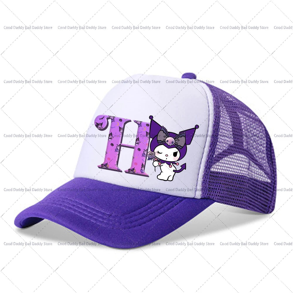 Kuromi A-Z Letter Printed Baseball Caps Adult Kids Purple Hats Summer Casquette Sanrio Y2K Graphic Beanies Kawaii Accessories