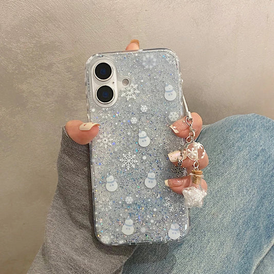 Winter Glitter Snowman Snowflake Phone Case For iPhone 16 Pro Max 15 13 14 Silver Foil Transparent TPU Back Cover