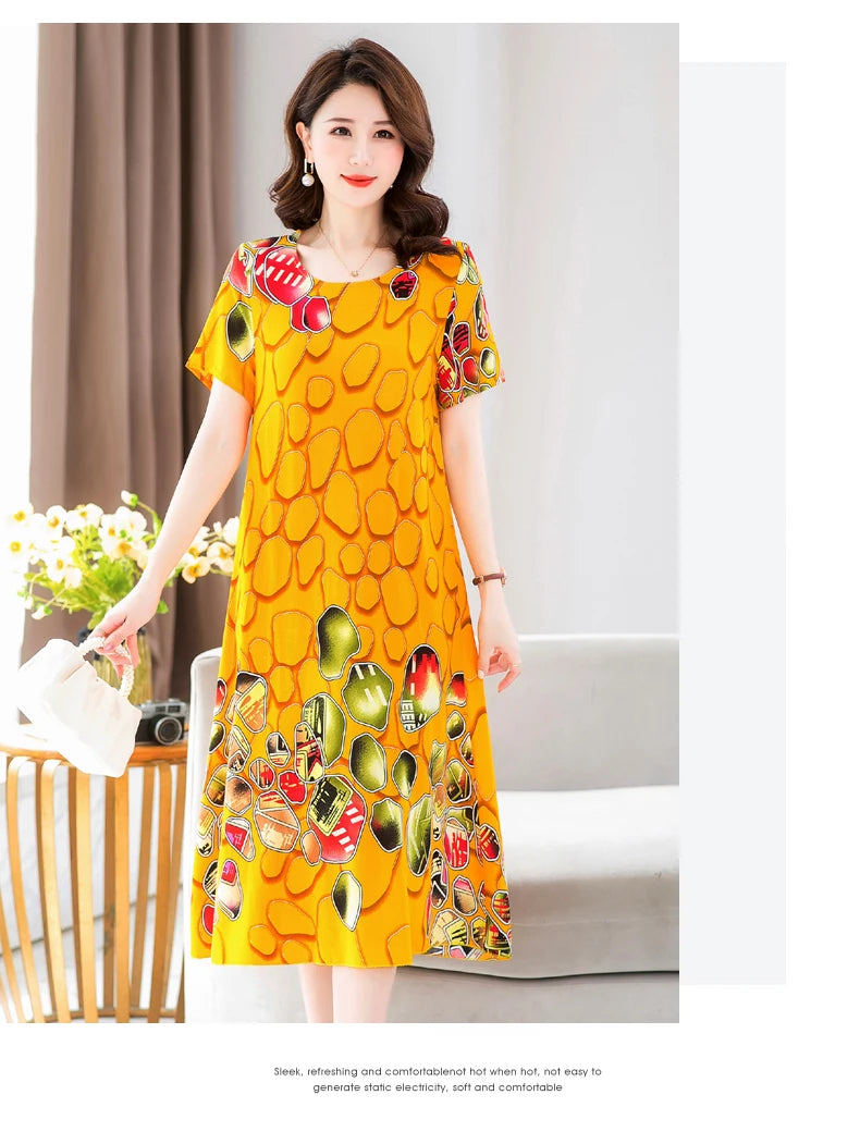 New Fashion 2024 Summer Dress For Long Vintage Loose Women Elegant Short Sleeve Casual O-neck Dresses Print Woman Clothing