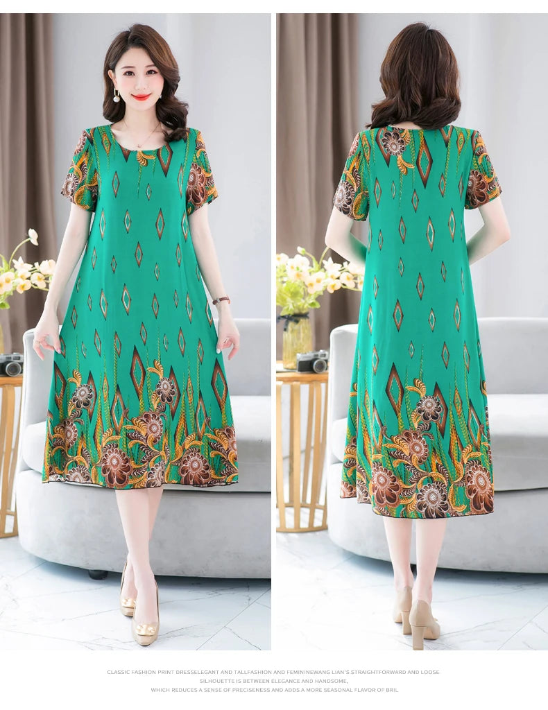 New Fashion 2024 Summer Dress For Long Vintage Loose Women Elegant Short Sleeve Casual O-neck Dresses Print Woman Clothing