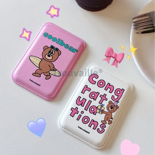 Trouvaille Magnetic Card Holder for Magsafe Phone Case Cute Korea Bear PU Macsafe Pink Girl for iPhone Accessoriess Samsung