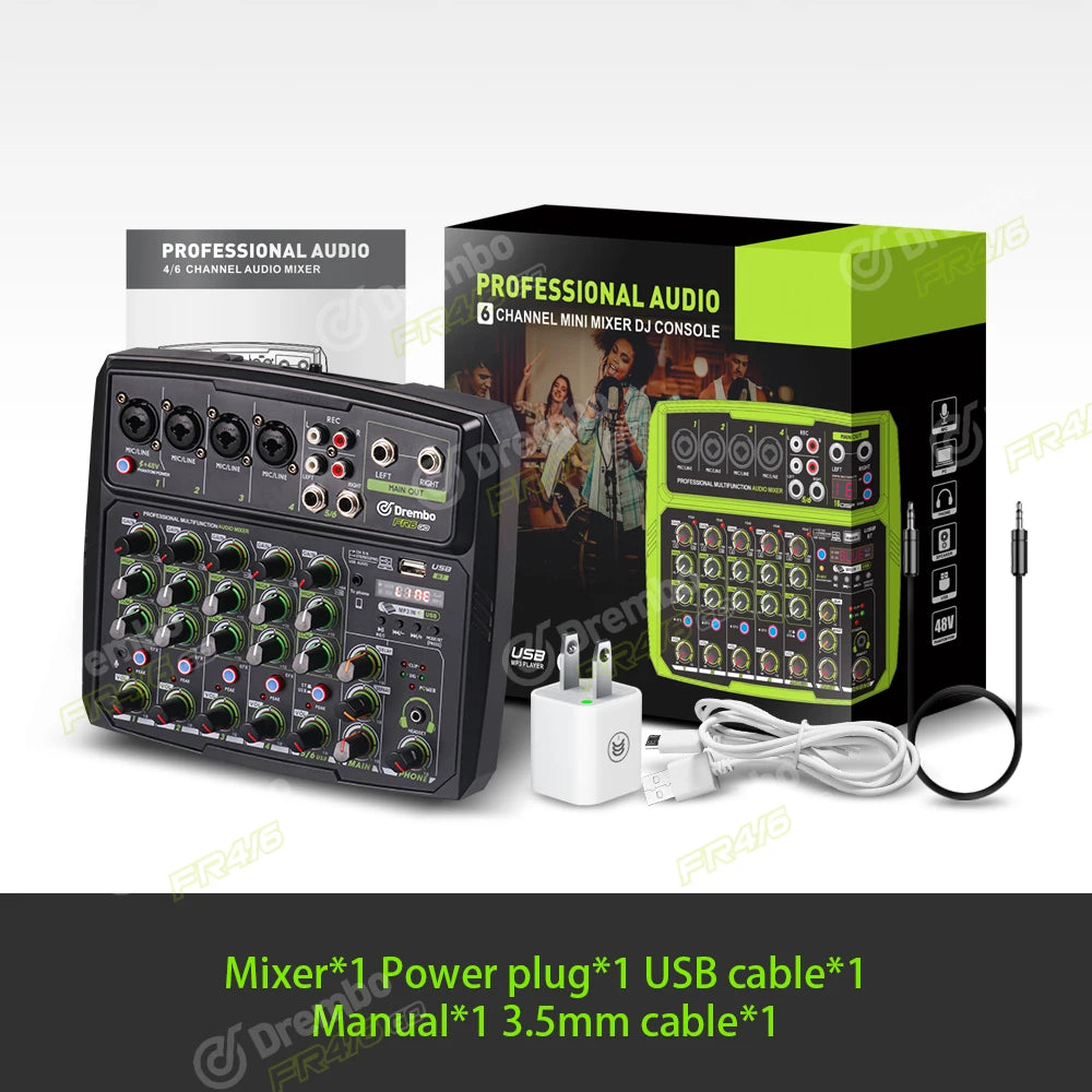 Debra 4/6 Channel Mixer Audio Mixer, DJ Console Mixer with Bluetooth 48V Phantom Power Delay Replay Effects for Bar Gigs