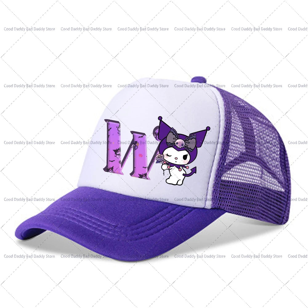 Kuromi A-Z Letter Printed Baseball Caps Adult Kids Purple Hats Summer Casquette Sanrio Y2K Graphic Beanies Kawaii Accessories