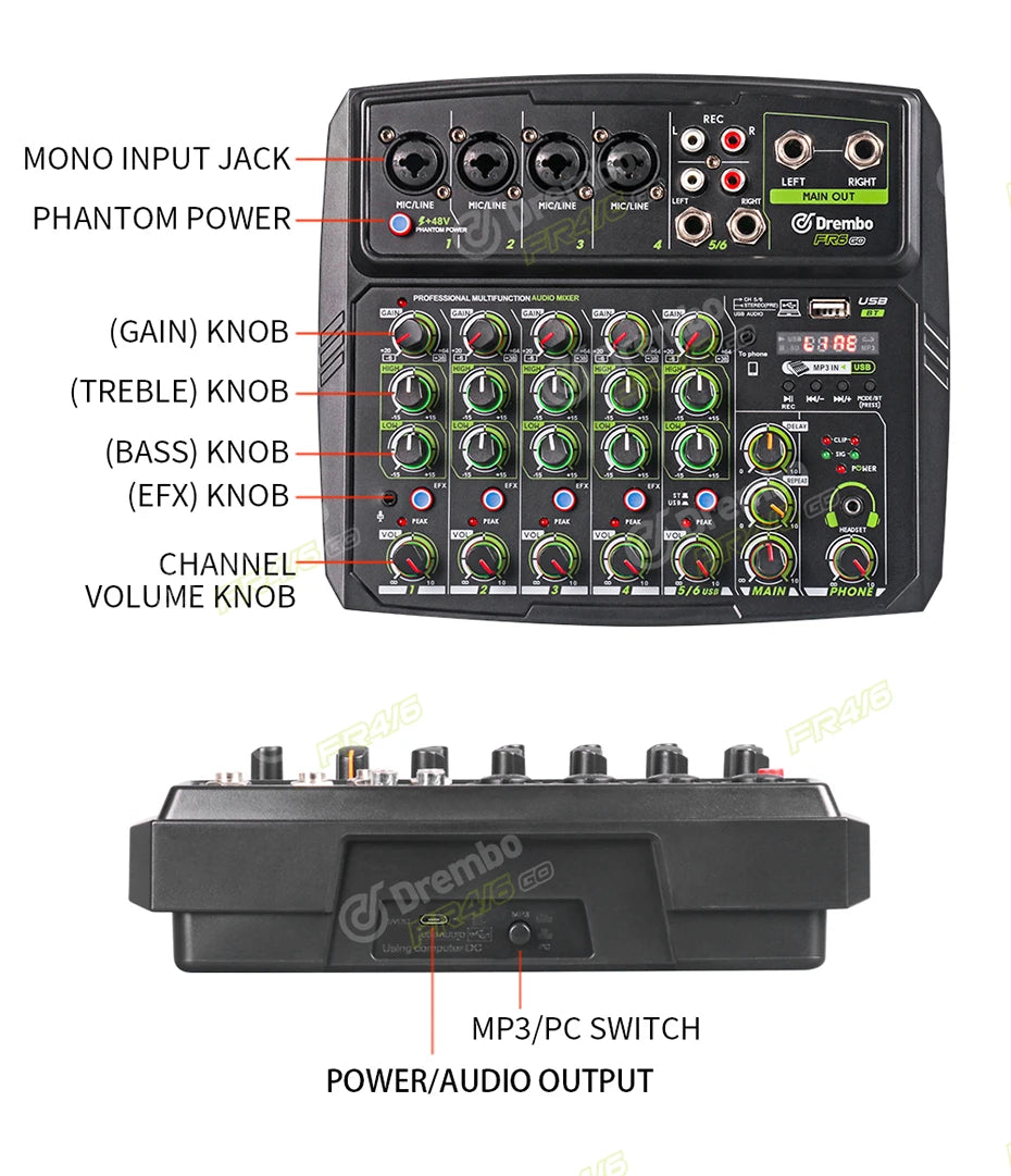 Debra 4/6 Channel Mixer Audio Mixer, DJ Console Mixer with Bluetooth 48V Phantom Power Delay Replay Effects for Bar Gigs