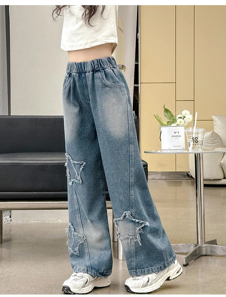 School Girl Star Design Jeans Trouser Teens Casual Loose Jeans for Girls Elastic Waist Fashion Kids Straight Fit Pants 5 To 14 Y