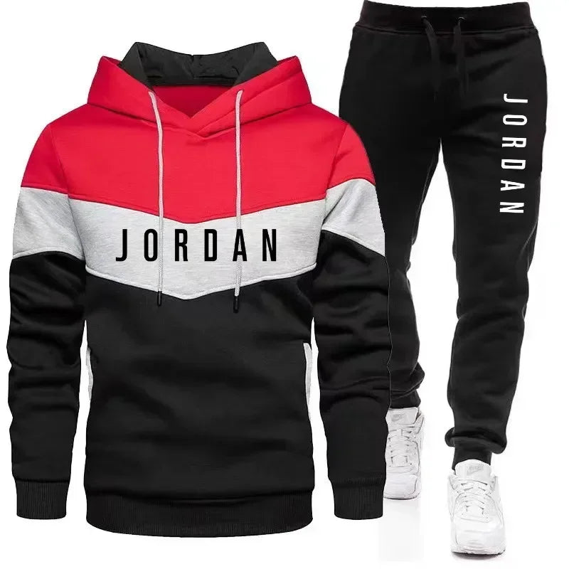 New 2025 Spring and Autumn men's spliced casual sweatshirt + pants two-piece outdoor training jogging men's hoodie sports suit