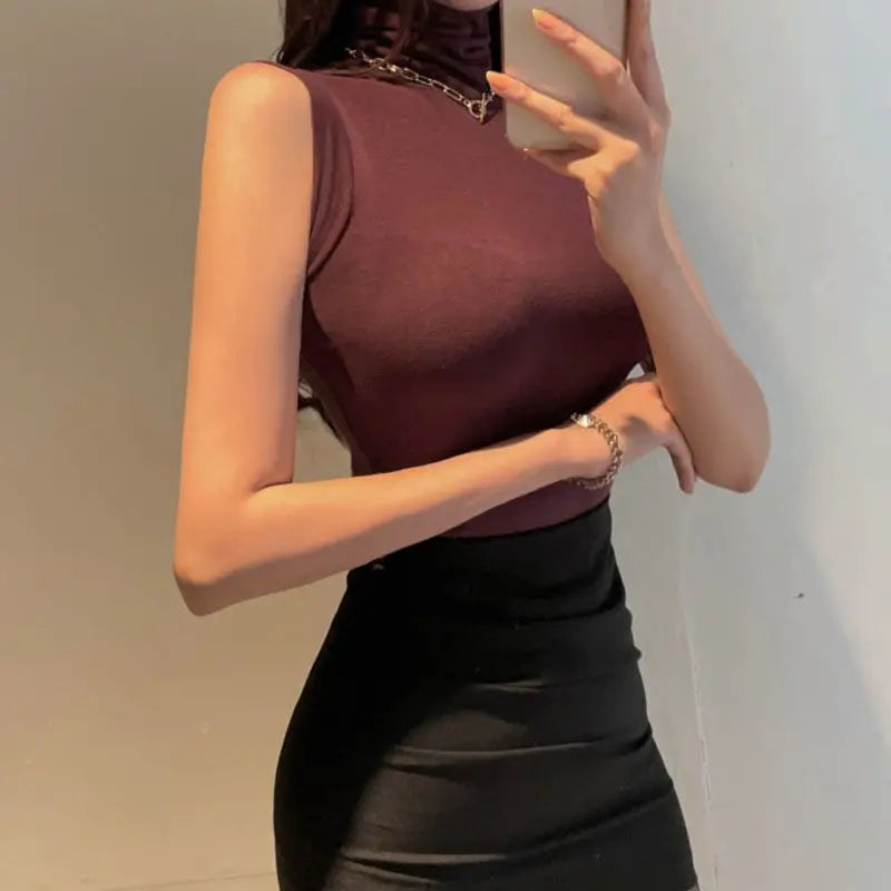 Sexy Turtleneck Sleeveless T Shirts Female Vintage Women Clothing 2023 Summer New Slim Tee Shirt Femme Fashion Korean Y2K Tops