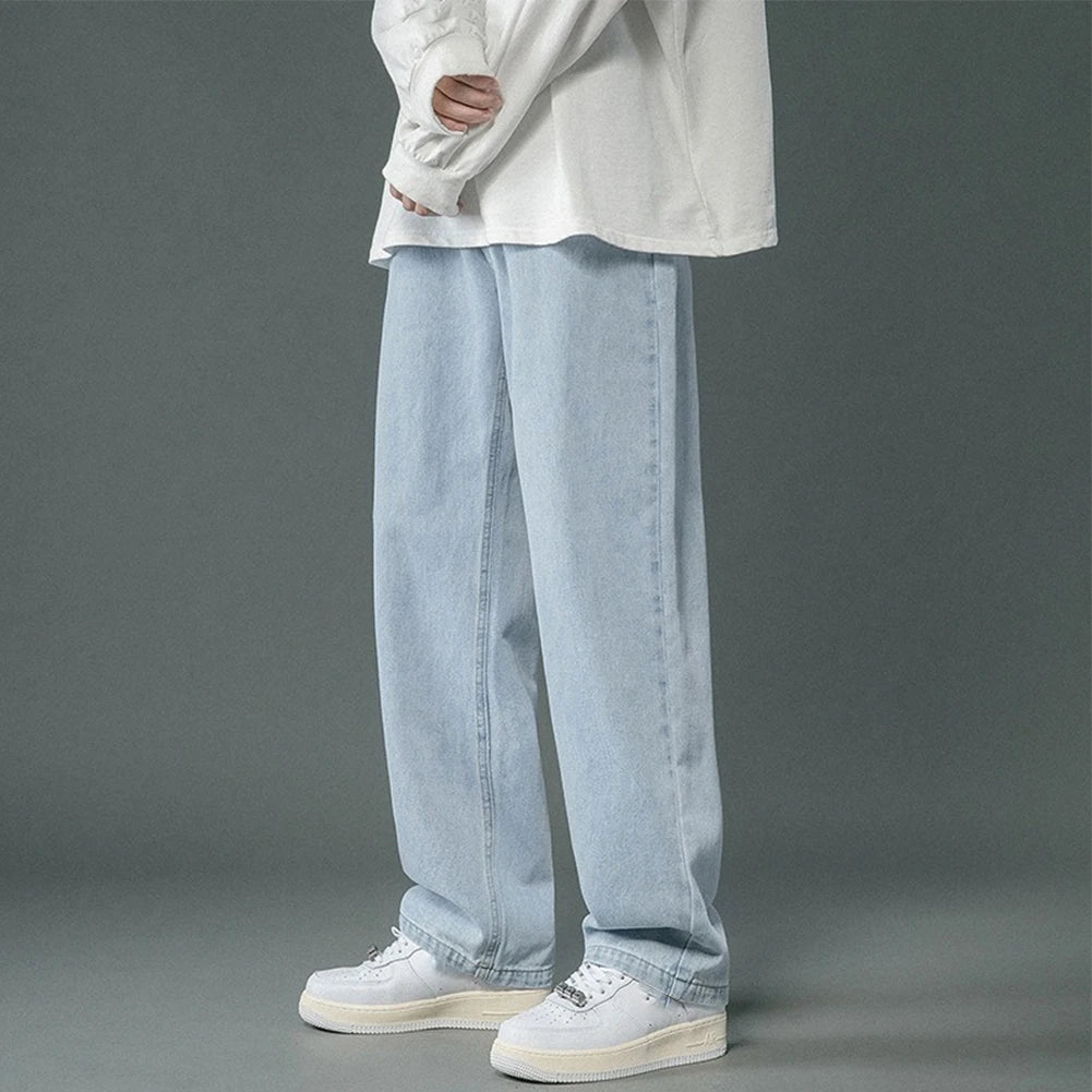 Korean Mens Hip Hop Long Baggy Jeans Straight Wide Leg Pants Soft Streetwear Trousers Men New Hong Kong Style Solid Color Trendy