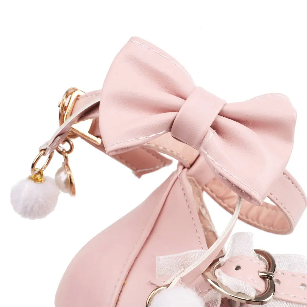 Pink Plush Ball Lace Bow High Heels, Purple Cute Girly Platforms Vintage Style Aesthetic Shoes Sissy ABDL Princess Cosplay Pumps