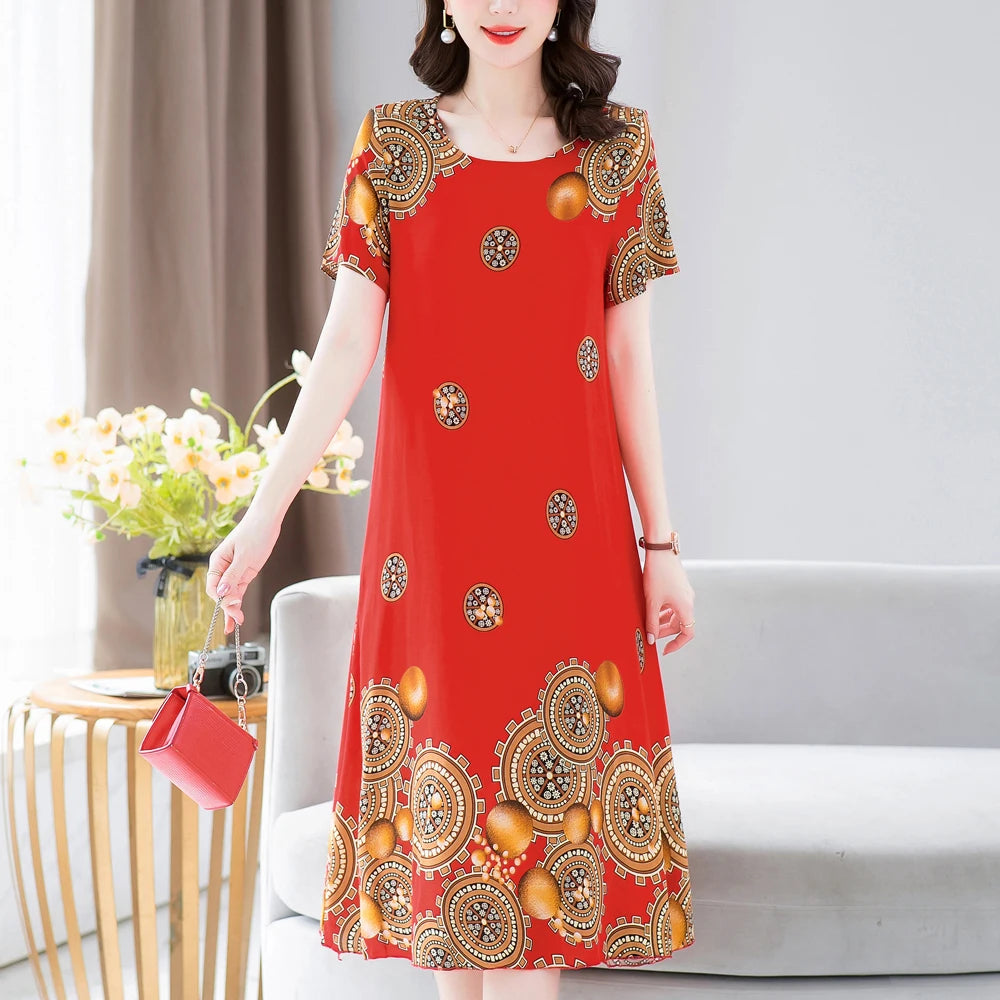 New Fashion 2024 Summer Dress For Long Vintage Loose Women Elegant Short Sleeve Casual O-neck Dresses Print Woman Clothing