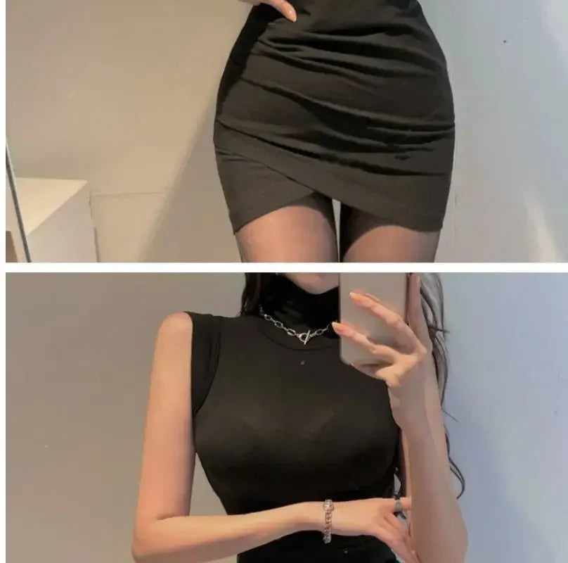 Sexy Turtleneck Sleeveless T Shirts Female Vintage Women Clothing 2023 Summer New Slim Tee Shirt Femme Fashion Korean Y2K Tops