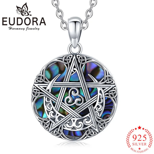 Eudora New 925 Sterling Silver Pentagram Moon Amulet Necklace Exquisite Colored Abalone Shell Pendant Women Men Jewelry Gift