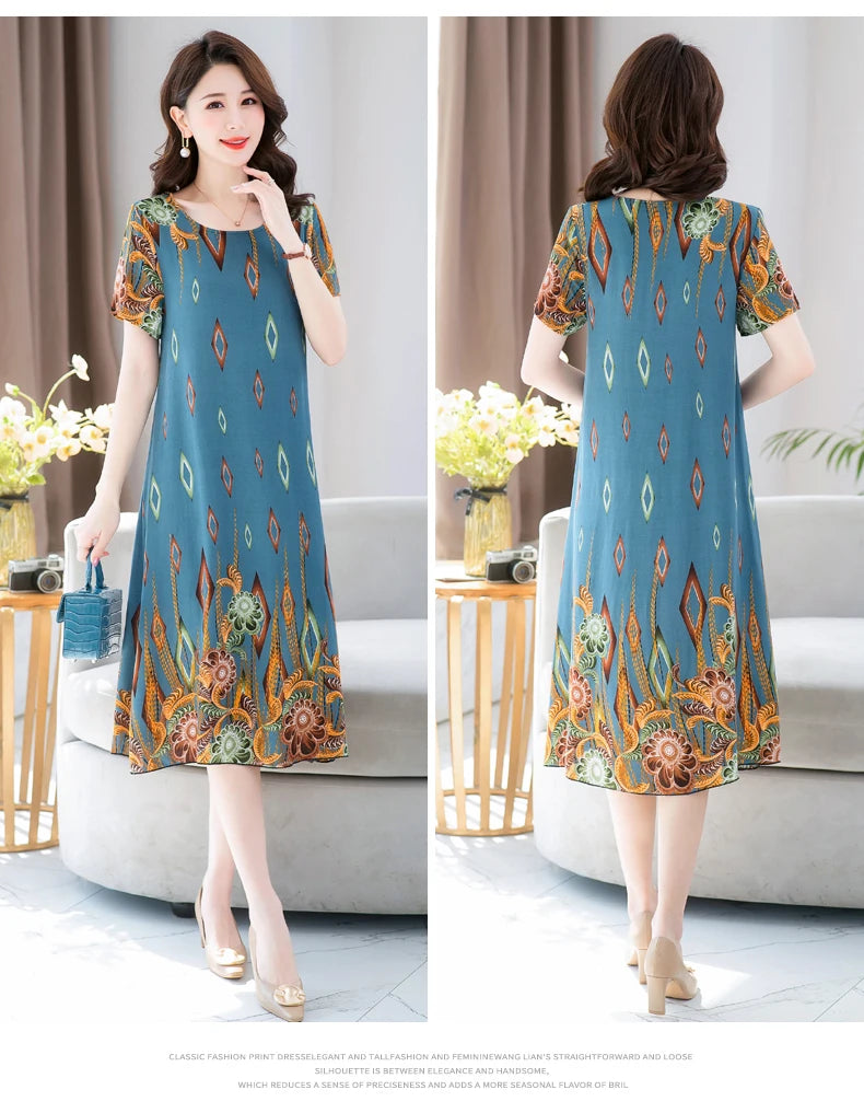 New Fashion 2024 Summer Dress For Long Vintage Loose Women Elegant Short Sleeve Casual O-neck Dresses Print Woman Clothing