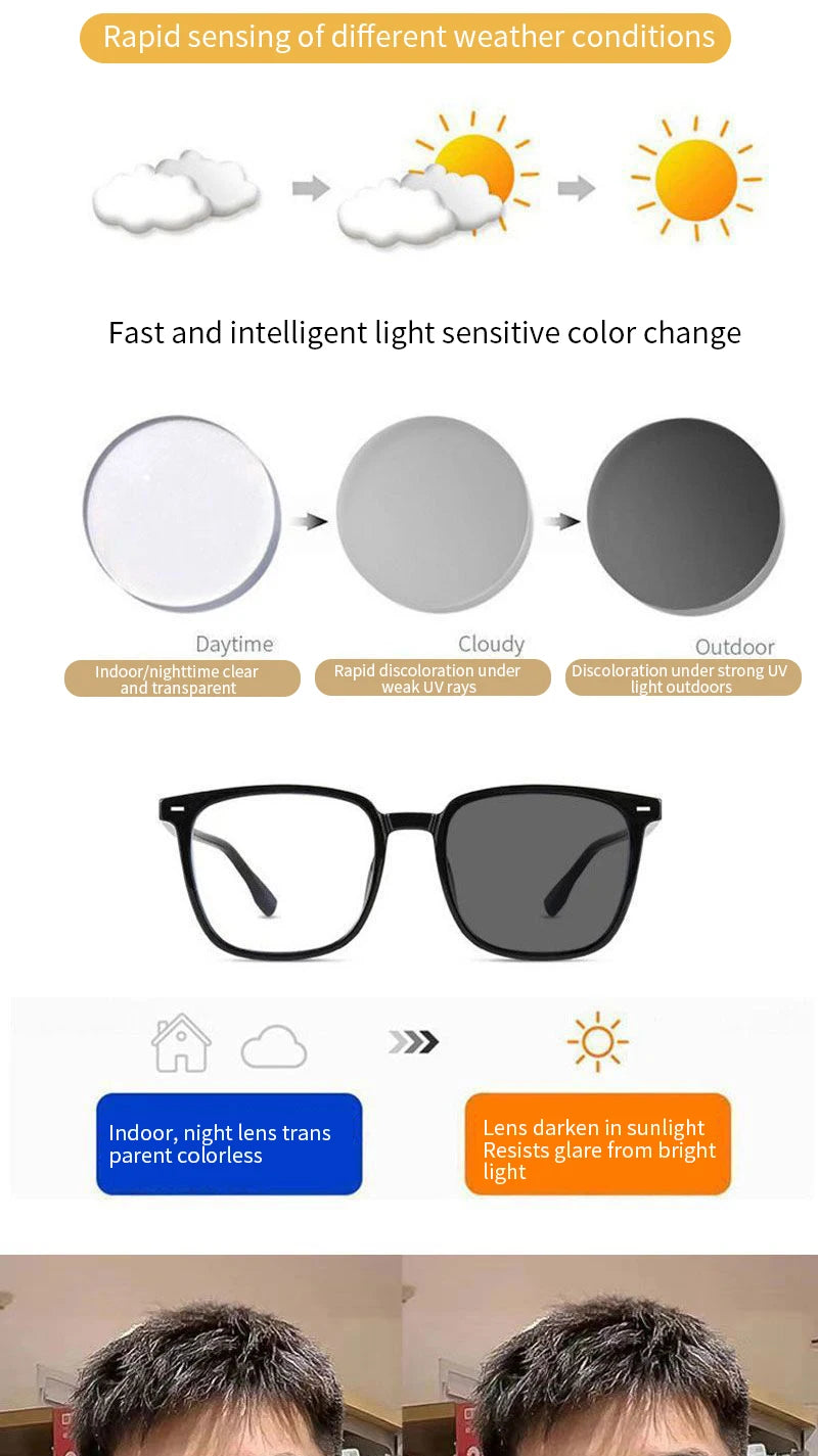 Fashion Color-changing Myopia Glasses For Women Men Square Frame Photochromic Nearsighted Eyeglasses Diopter -0.5 -1.0 To -6.0