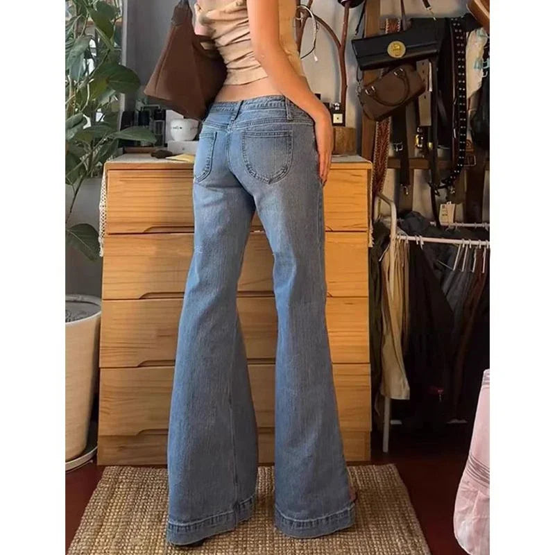 Summer Woman Retro Washed Low Waisted Flared Jeans New Chic Casual Wide-leg Pants Female Sexy Denim Bell-bottoms Trousers