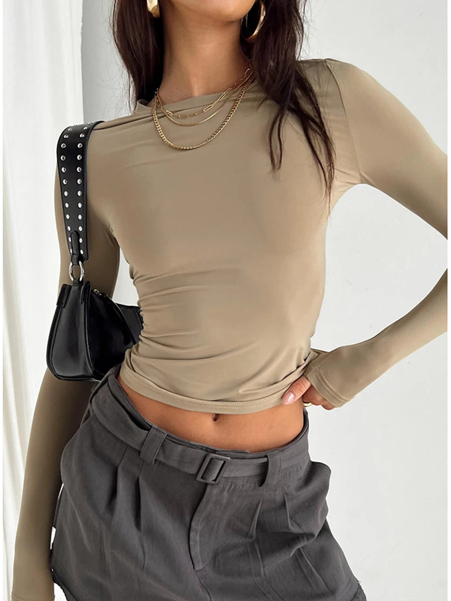 Women's Slim Fit Crop Tops Casual Solid Color Crew Neck Long Sleeve Tight T-Shirt Basic Blouse Tee Tops Streetwear