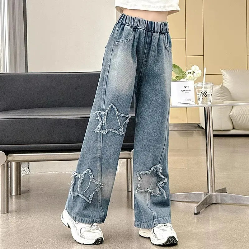 School Girl Star Design Jeans Trouser Teens Casual Loose Jeans for Girls Elastic Waist Fashion Kids Straight Fit Pants 5 To 14 Y