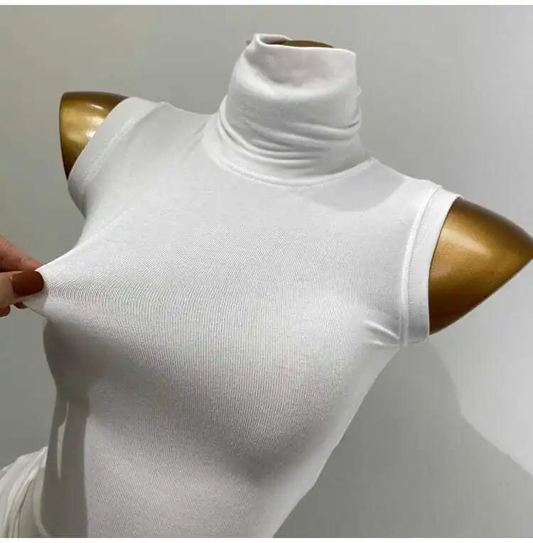 Wholesale New Base Slim T Shirts Women New Summer Crop Top Turtleneck High Strecth Sleeveless Basic Simple Skinny Solid T Shirt