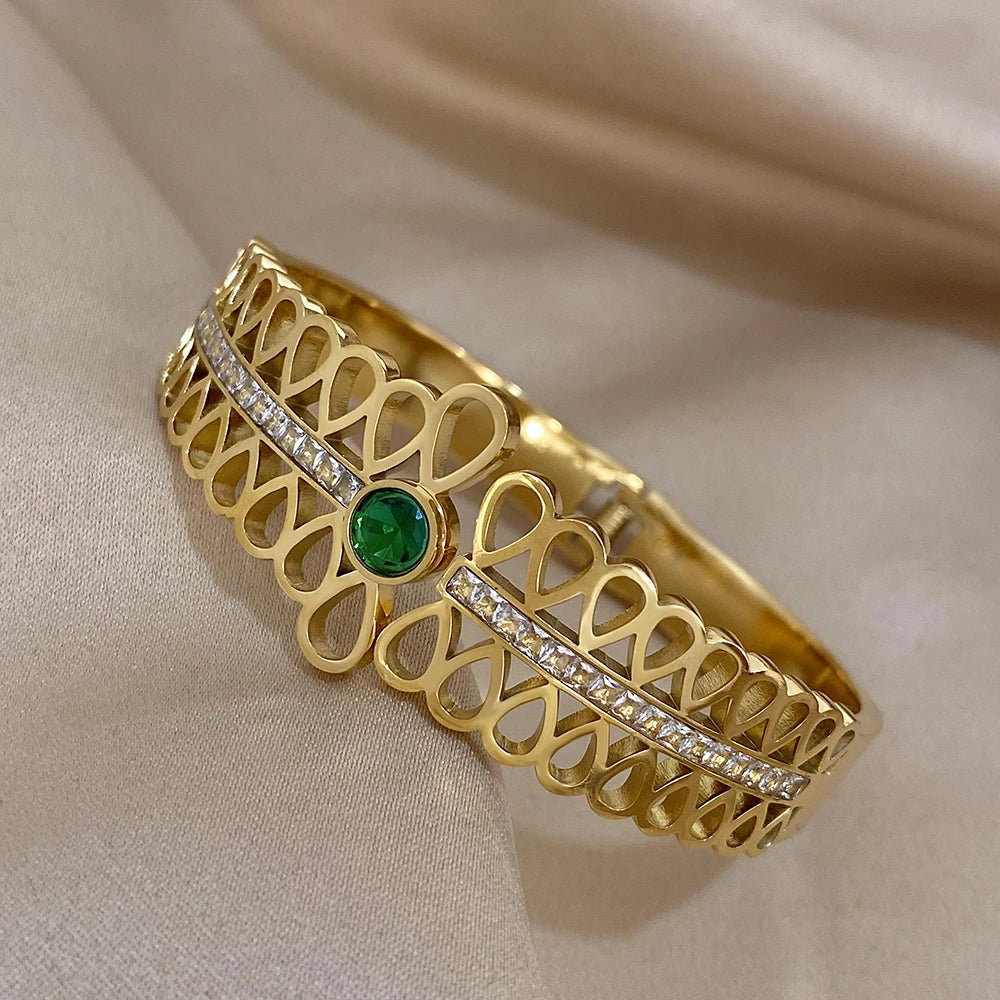 Flashbuy Trendy Chic Green Zircon Stainless Steel Bangle Bracelets for Women Charm Texture Simple Gold Color Accessories