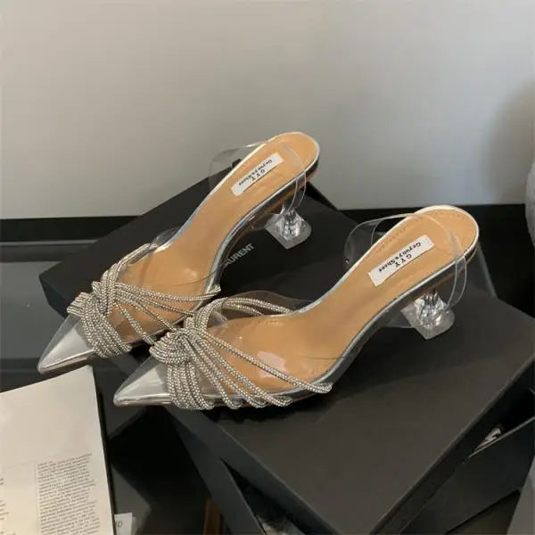 Sandals Stiletto Heels 2024 Women's Female Shoe New Sexy Girls Plastic Rhinestone Pointed High Scandals Crystal Slides Pumps Thi