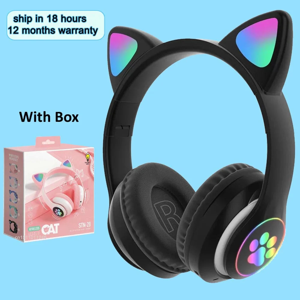 Flash Light Cat Ears Headphones Wireless With MIC Control LED Kid Girl Stereo Cute Music Helmet Bluetooth Phone Headset Earphone